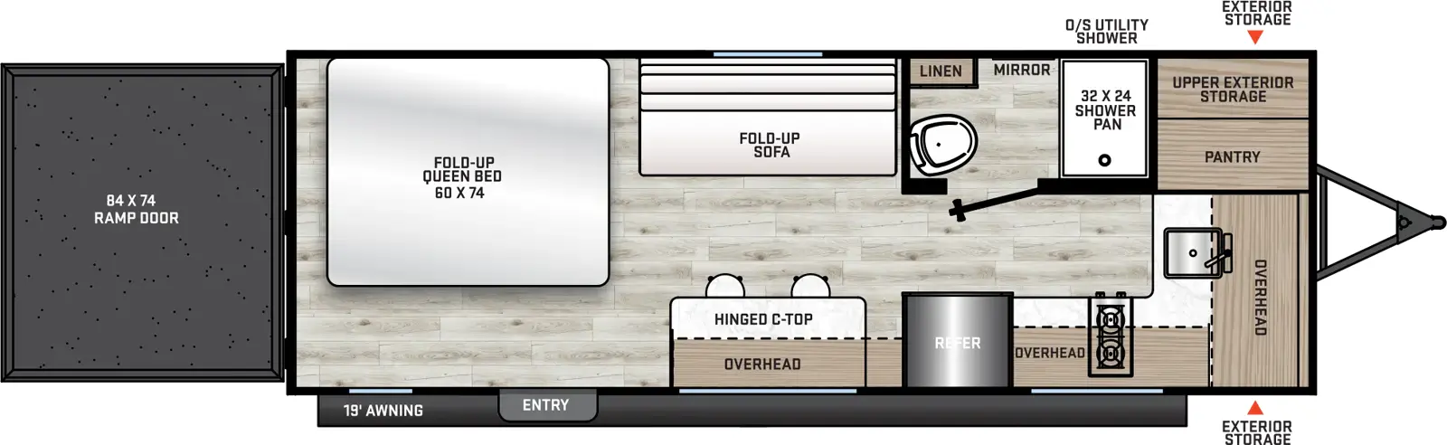 The 18TH has zero slideouts, and entry door, and a rear ramp. Exterior features front exterior storage, outside utility shower, and 19 foot awning. Interior layout front to back: upper exterior storage and pantry, kitchen counter with sink and overhead cabinet wraps to door side with cooktop, refrigerator, and hinged countertop with stools; off-door side bathroom with shower, toilet and linen closet only; off-door side fold-up sofa; rear off-door side fold-up queen bed; rear door side entry.